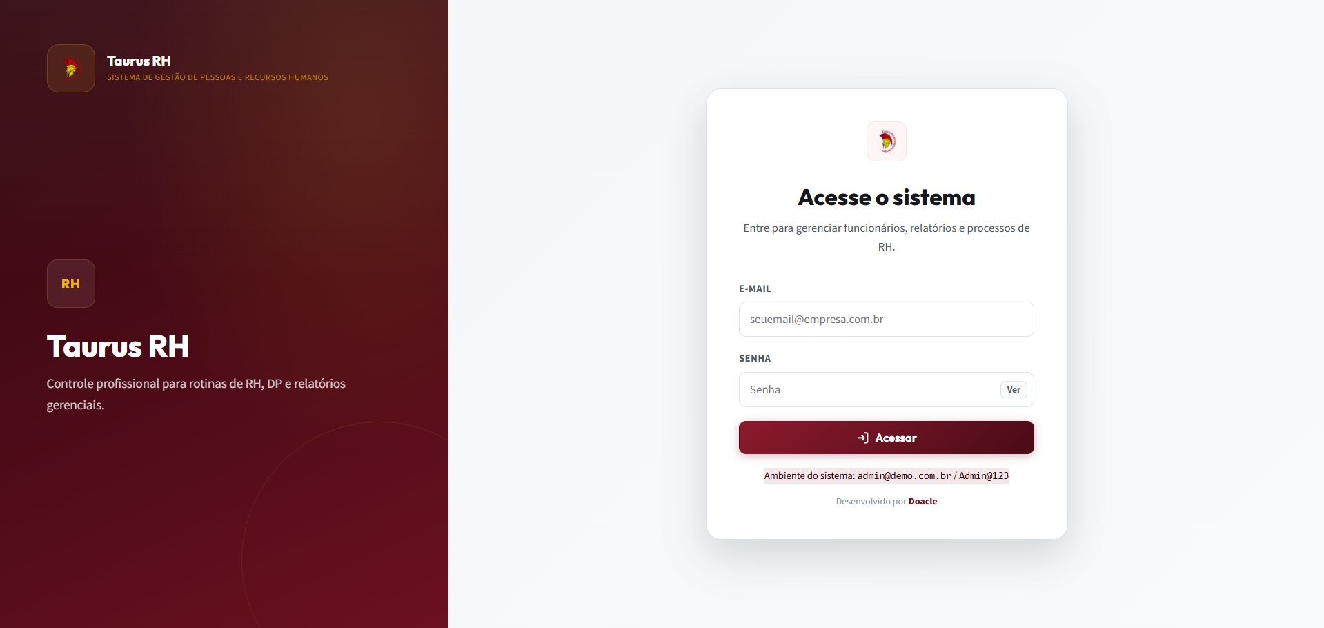 Tela de login do sistema Taurus RH desenvolvido pela Doacle