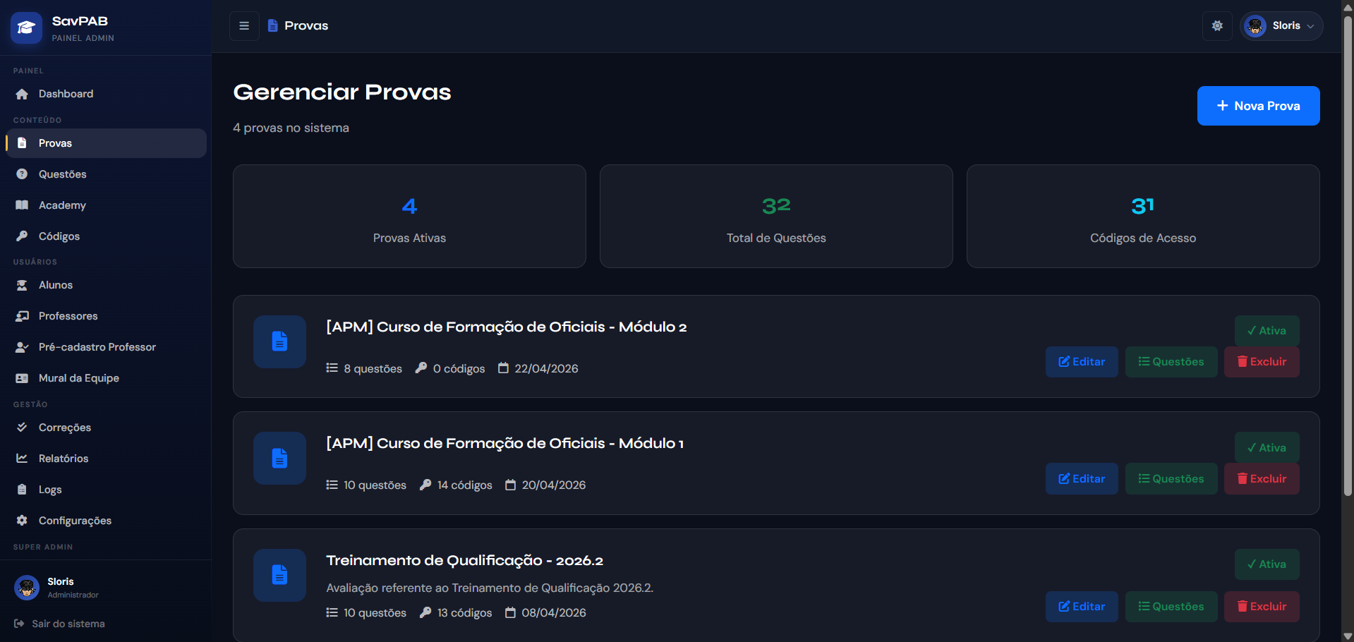 Tela de provas do SAVPAB